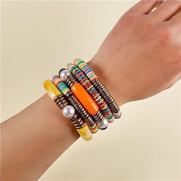 Vibrant Multi-Color Disk Bead Bracelet Bundle Stretch Fit Summer Jewelry - Picture 4 of 11